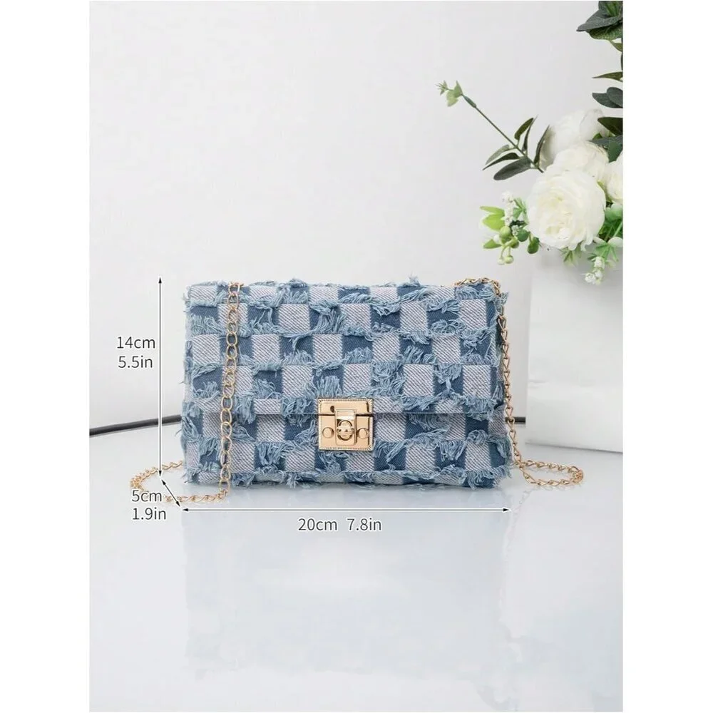 Women's Distressed Denim Crossbody Bag Mini Purse with Chain and Twist Lock